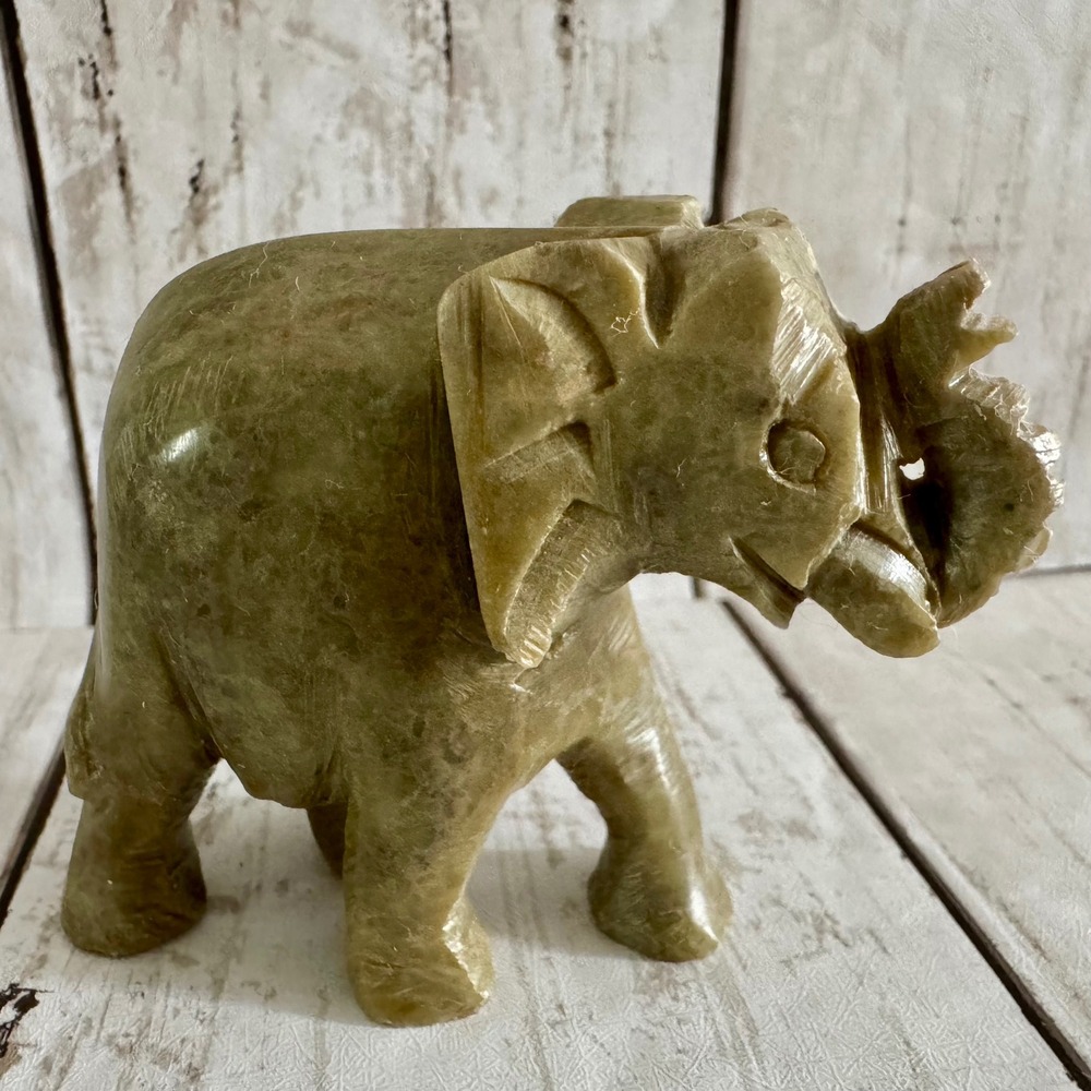 Vintage Hand Carved Soapstone Elephant Figurine Green Stone Trunk Up 3" Statue